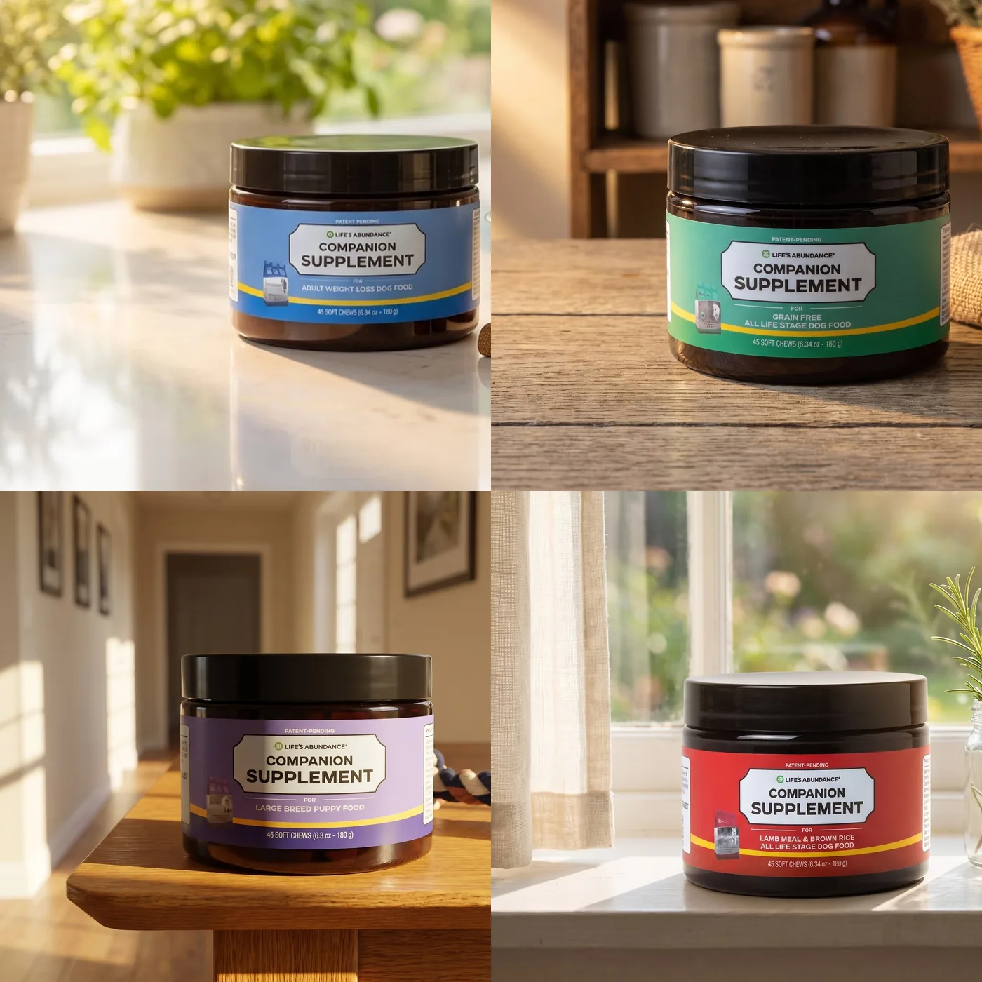 Four Life’s Abundance companion supplements: Adult Weight Loss, Grain-Free, Large Breed Puppy, Lamb Meal and Brown Rice