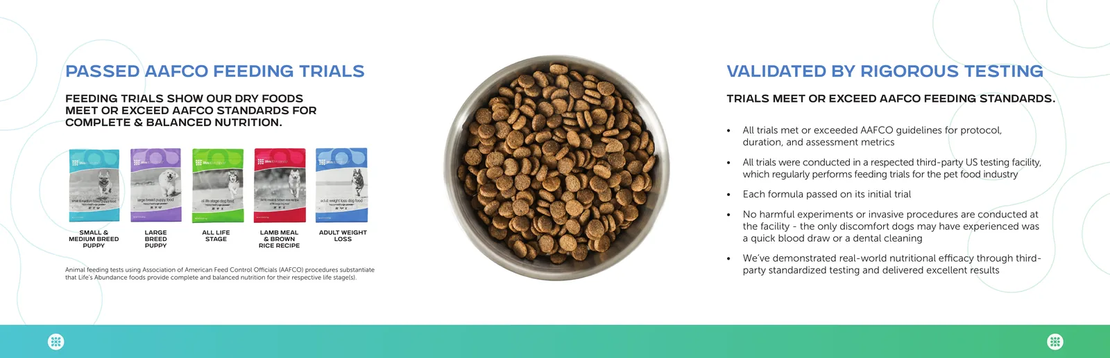 Five foods, passed AAFCO feeding trials: Small & Medium Breed Puppy, Large Breed Puppy, All Life Stage, Lamb Meal & Brown Rice, Adult Weight Loss