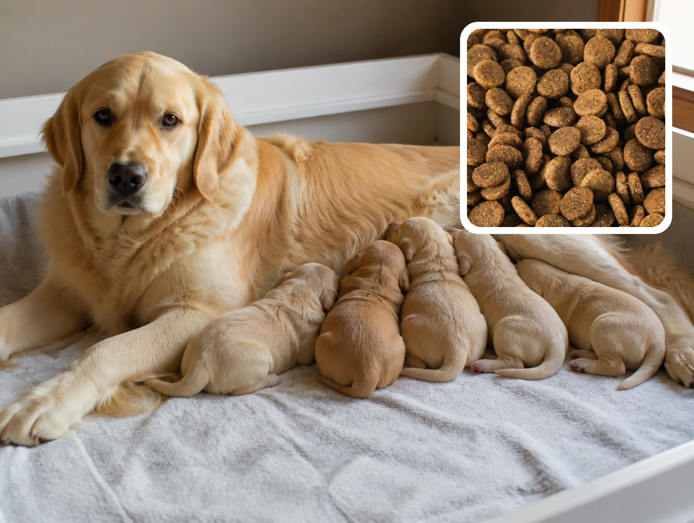 A whelping bitch with her litter; the real All Life Stage kibble inset