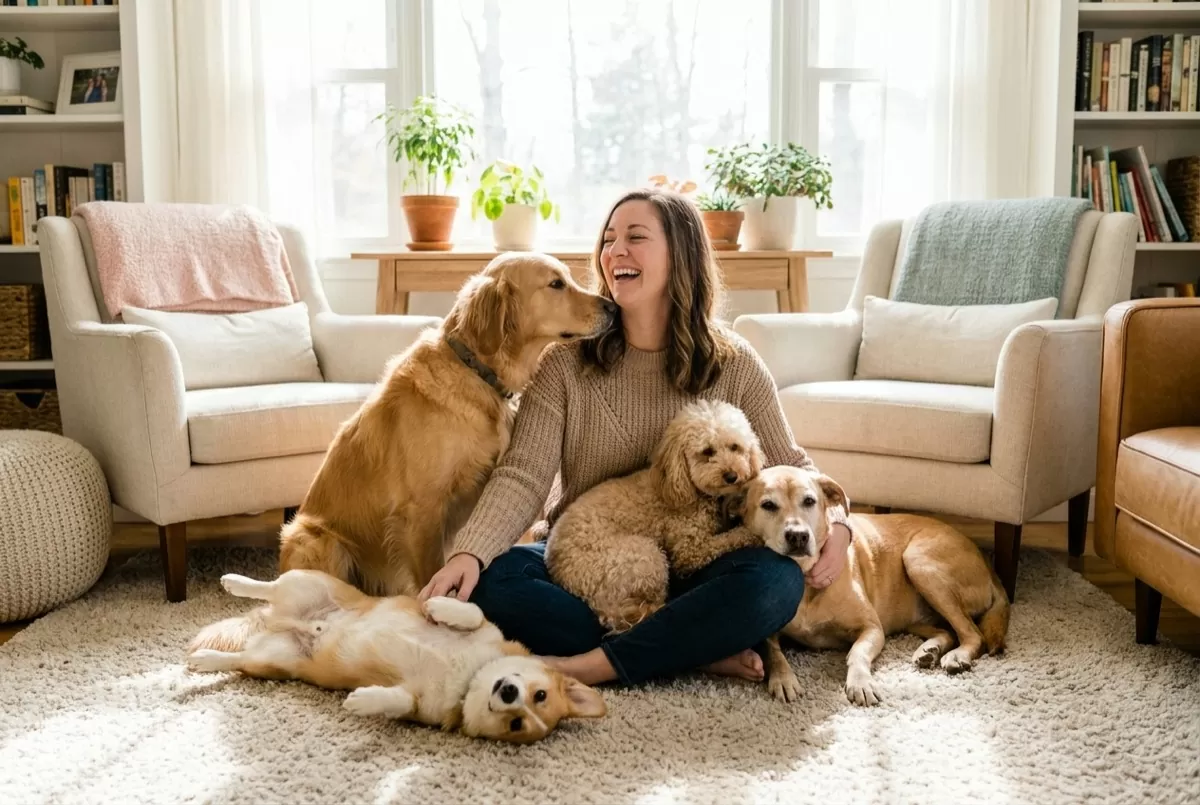 A dog walker with several dogs